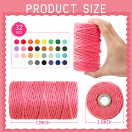Kenning 32 Rolls Macrame Cord 4 Strand 3 MM x 1760 Yards Natural Cotton Rope Bulk Colored Cotton Craft Cord DIY Twine Colorful Macrame String for Knitting Gift Wrapping Wall Hanging(Colorful)