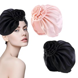 ExcellaElite Silk Bonnet for Sleeping 2 Pcs Satin Bonnet,Silk Cap f Hair Sleeping Adjustable,Suitable for Washing Face,Makeup and Exercise(Black,Pink)