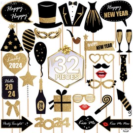 New Years Photo Booth Props 2022 – Pack of 32, Glitter, DIY Required | Black and Gold 2022 Photo Props for New Years Eve Party Supplies 2022 | Happy New Year Decorations 2022 | NYE Decorations 2022