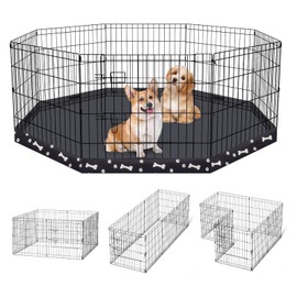Dog Pen Pet Playpen Dog Fence Indoor Foldable Metal Wire Exercise Puppy Play Yard Pet Enclosure Indoor Outdoor 8 Panels 24 Inch with Bottom Pad (Bottom Cover Fence with Printing)