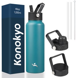 Konokyo 40oz Insulated Water Bottle Sport Stainless Steel Water Bottles With 3 Lids,Light Blue