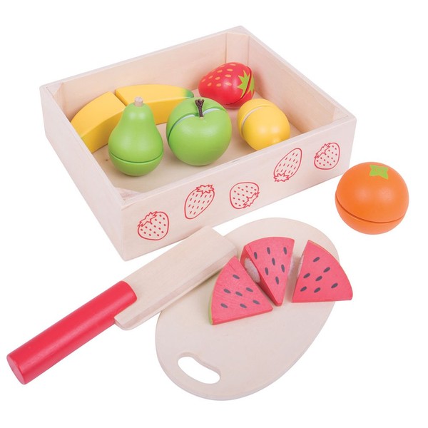 Bigjigs Toys Crate of Wooden Cutting Fruit with Chopping Board and Knife - Play Food Toys