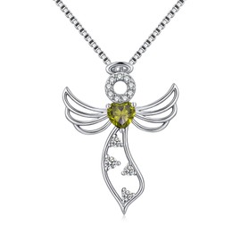 jiamiaoi 18K White Gold Plate Angle Pendant Necklace 925 Sterling Silver Cross Chain with 12 Month Birthstone, Comes with Gift Box, Cubic Zirconia