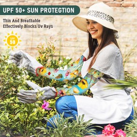 Bebomne Farmers Defense Gardening Sleeves for Women Thorn Proof Sun Protective Cooling Arm Sleeves for Garden Sports, Yellow Daisies and a Butterfly - Blue Background, Large