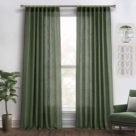 MIULEE Olive Green Linen Curtains 108 Inches Long 2 Panels for Bedroom Living Room, Back Tab & Pleat Tape with Hooks Soft Thick Linen Textured Window Drapes Semi Sheer Light Filtering Farmhouse Decor