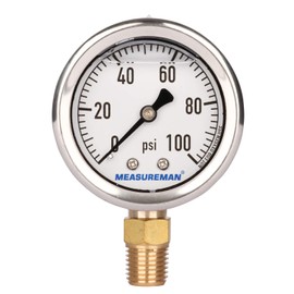 MEASUREMAN 2" Dial Size, Glycerin Filled Plumbing Pressure Gauge, 0-100psi, Black Steel Case, 1/4"NPT Lower Mount