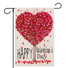 FUYUCHEN Valentines Day Garden Flag 12x18 Inch Double Sided Happy Love Hearts Tree Outside for Rustic Anniversary Holiday Yard Outdoor Decoration