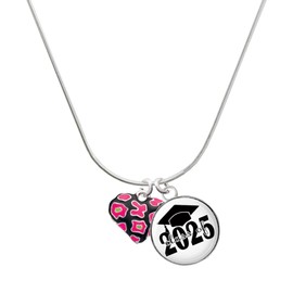 Delight Jewelry Silvertone Hot Pink Cheetah Print Heart Script Class of 2025 Dome Charm Necklace, 18"