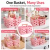Pink Portable Shower Caddy with Wooden Handle, Plastic Shower Basket