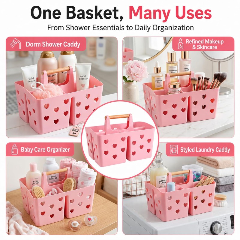 Pink Portable Shower Caddy with Wooden Handle, Plastic Shower Basket