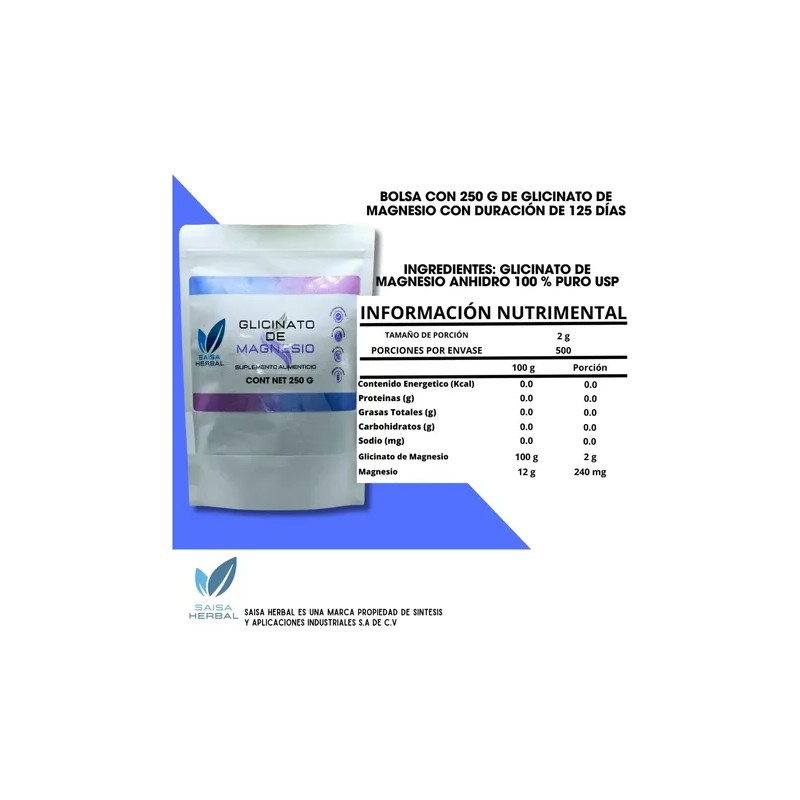 Glicinato Magnesio 100 Puro Bolsa 250g Saisa Herbal Sabor Natural