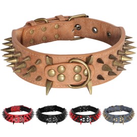 Beirui Heavy Duty Spiked PU Leather Dog Collar 2 inch Wide - Anti-Bite Sharp Rivet Studded Dog Collar for Medium Large Dogs Pit Bull Mastiff Bulldog(Brown,Neck for 18-23",Total Length 25.5")