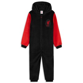 Liverpool F.C. Boys Pyjamas, Fleece Boys Onesie, Super Soft Hooded Sleepsuit (Black, 11-12 Years)