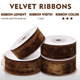 Preboun 4 Rolls Silk Velvet Ribbon for Gift Wrapping 24 Yards Total Frayed Edge Velvet Ribbon for Christmas Wedding DIY Crafts Wreaths X-Mas Tree Decor(Orange Copper,1 Inch)