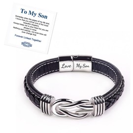 To My Son Bracelet From Mom Braided Leather Cuff Bracelet Black Magnetic Leather Bracelet Men's Stainless Steel Wristband Inspirational Birthday Gift From Mom