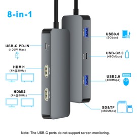 Docking Station Dual Monitor for Dell/HP/Lenovo/Mac Laptop, USB C Laptop Docking Station Dual Monitor, Dual HDMI Adapter for 2 Monitors, 8 in 1 USB C Hub Multiport Adapter with HDMI/USB/PD/SD/TF
