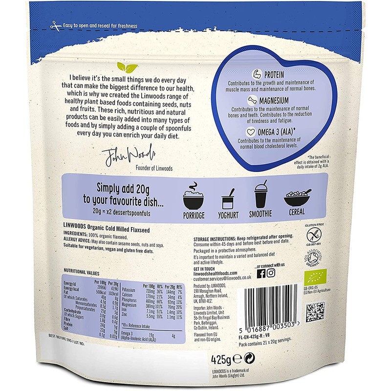Linwoods Milled Organic Flaxseed 425g (Pack of 12)