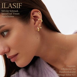 4 Pairs of Earrings Silver 925 Set for Women Girls 14K Gold-Plated Small Stud Earrings Silver 925 Earrings Gold Cubic Zirconia for Multiple Piercings Sleeping Tragus Cartilage, Silver, Cubic Zirconia