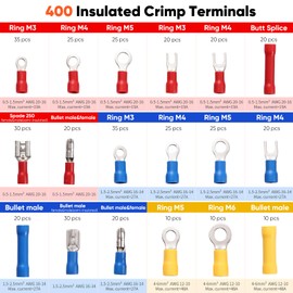 Insulated Wire Terminal Crimping Tool Kit, Ratchet Crimper Plier, Cable Lug Pliers Electrician Crimp Toolkit with 370 Insulated Butt Bullet Spade Ring Connectors