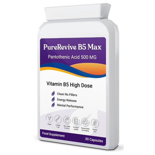 PureRevive High-Potency Vitamin B5 500mg - Advanced Pantothenic Acid Formula for Enhanced Metabolism, Skin & Joint Support | Non-GMO, Gluten-Free | Made in UK (120)