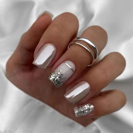 Ceboic Pack of 24 Glue-On Nails, Short, Square, French Silver Glitter Artificial Nails, Glossy Artificial Nails, Press on Nails, Acrylic Stick on Nails for Women and Girls