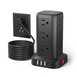AnnTane AnnTane Surge Protector Power Strip 10 FT Cord, Power Strip Tower with 4 USB Ports (1USB C), Extension Cord with 12 AC Multiple Outlets, Home Office Supplies Desk Accessories, Dorm Room Essentials