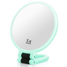 Novadex Magnifying Travel Hand Held Vanity Mirror, Compact Double-Sides Folding Magnification Hand Mirror for Women with 360°Rotating Handle Table Desk Small Make Up Mirrors (1x 5X, Light Green)