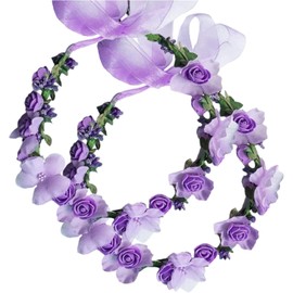 Flower Crown Headband Wreath Garland Hair Bands Floral Wedding Bridal Hair Hoop Women Leaf Ribbon Party Decoration Headdress Headwear Handmade Headpiece Hair Accessories 2 Pack (Purple, 47CM)