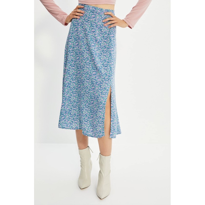 TRENDYOL Women's Tile Flower Pattern Tip Detailed Skirt, blue