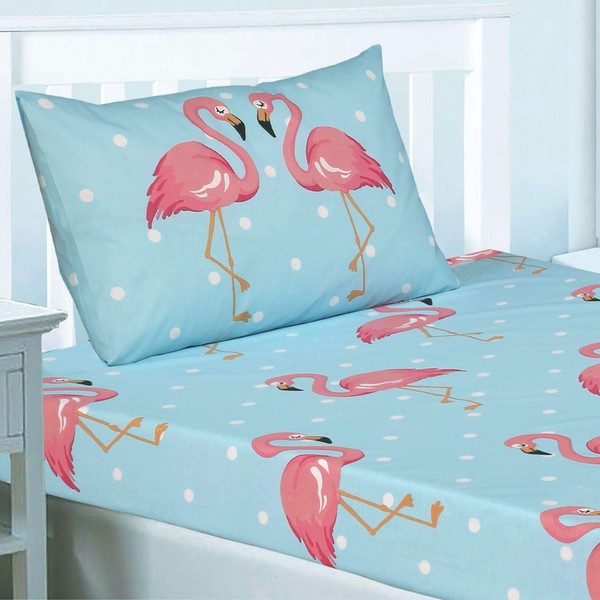Price Right Home Fifi Flamingo Polka Dot Pink/Blue Kids Bedroom Range - Fitted Sheet Sets and Curtains Available (Single Fitted Sheet Set)