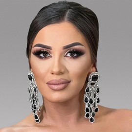 XSBODY Black Rhinestone Tassel Earrings for Women Dangling Costume Large Statement Earrings Formal Jewelry (A-Silver)