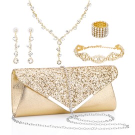 Soleebee 5 Pcs Purse Rhinestones Jewelry Set for Women Rhinestones Necklace Bracelet Earrings Bling Clutch Purse Bride Prom Evening Jewelry Set (Gold)