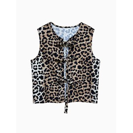 Floerns Women's Leopard Print Sleeveless Jacket Vests Cheetah Tie Up Y2k Vest Top Leopard Large