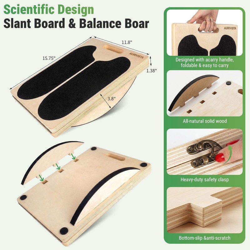 AURIVISTA 2-in-1 Slant & Balance Board, 180° Adjustable Wooden Calf