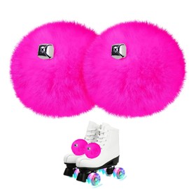 GUIFIER 2 PCS 8cm Roller Skate Pom Poms with Bells for Girls, Fluffy Faux Fur Pom Pom for Roller Skates, Tie on Roller Skate Pompoms Puff Balls with Shoelace, Quad Roller Skate Accessories (Hot Pink)