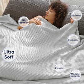 PHF Ultra Soft Waffle Weave Blanket King Size 104"x 90"- Washed Lightweight Breathable Cozy Woven Blanket for Bed - Aesthetic Decor for Couch Bedding Sofa Home Car - Light Grey