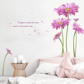 Pink Daisy Floral Bedroom Wall Decor, iinuu Sweet Peony Flowers Wall Decals for Living Room Nursery Wall Decorations Removable Wallpapers Murals Art Applique