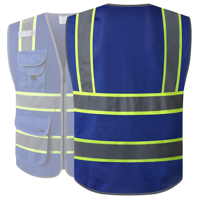 JKSafety 9 Pockets High Visibility Zipper Front MESH Blue Safety