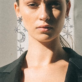 Agriajun Moon Star Rhinestone Cluster Chandelier Drop Dangle Earrings for Women - Large Extravagant Sparkly Bridal Cubic Zirconia Silver Costume Jewelry