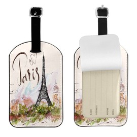 UESEU Watercolor Eiffel Tower Luggage Tag for Suitcases,Vintage Paris France PU Leather Baggage Tags Bag Tags Travel Id Label for Luggage Women Men -1 Piece