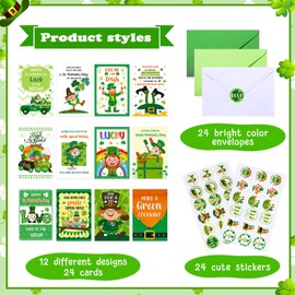 Sumind 24 Pcs St. Patrick's Day Card Set for Kids with Envelope, Stickers, Green Shamrock, Gold Coin, Assorted Greeting Cards for Party Favor, 12 Styles