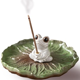 Frog Incense Holder with Lotus Leaf Tray, Ceramic Incense Holder for Sticks - Frog Figurine Incense Burner for Home and Feng Shui Decor, 4.5-in