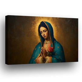 Cuadro Decorativo de la Virgen, Arte Religioso Mexicano Contemporáneo en Lienzo Canvas, Turquesa y Dorado, Decoracion de Pared para sala, comedor, Igl