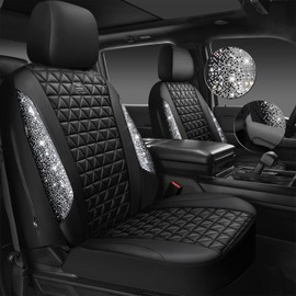 CAR PASS CAR PASS Bling Diamond Leather Car Seat Covers Full Seats Interior Sets, Waterproof Shining Glitter Sparkly Crystal Universal Armrest Fit Automotive Truck SUV Cute Women Girl, Black Silver Rhinestone