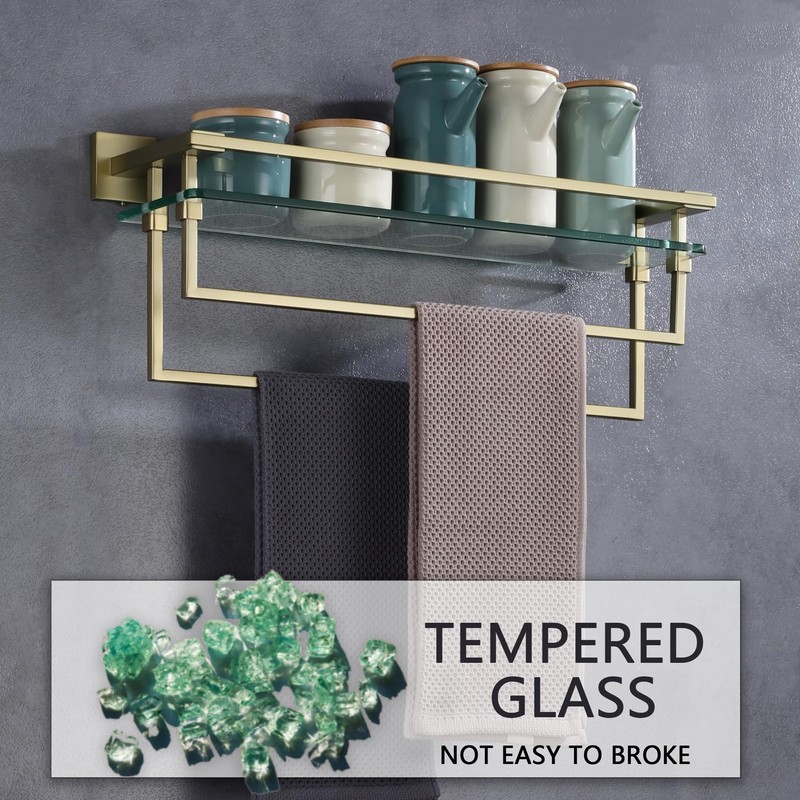 LANC Bathroom Glass Shelf with Towel Bars 20-Inch Floating Tempered
