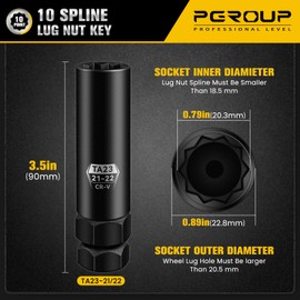 pgroup 10 Spline Lug Nut Key, TA23-21/22 Socket, Lug Nut Removal Tool Of 21mm & 22mm Hex Drive, Wheel Replacement Key To Double-Hex Heads, Cr-V Steel