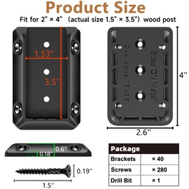 DN Mate 40 PCS Deck Railing Bracket Connectors for 2x4 (Actual 1.5”x3.5”) Wood Deck Railing Post to Handrail, Stair Railing Connectors with Coated Wood Screws,Drill Bit, Fence Railing Brackets