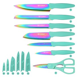 13 Piece Titanium Coating Stainless Steel Knives Set, Anti-Rust and Dishwasher Safe, 6 Knives, 6 Blade Covers, and One Shearcolor: Green, kitchen knife size: 7 pcs