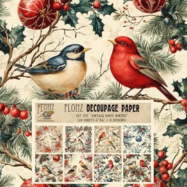 Decoupage Paper Pack (24 Sheets 6"x6") Vintage Birds Winter ~ Retro-Style Christmas Birds Among Berries and Branches, Watercolor with Digital Detailing on Light Background