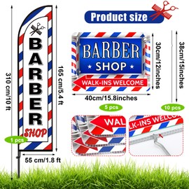 SmoothNovelty 5 Pcs Barber Shop Sign 1 Pcs 7 ft Barber Flag with Pole Kit Double Sided Print Yard Sign with Metal Stakes Feather Windless Barbershop Flags for Outdoor Business Advertising